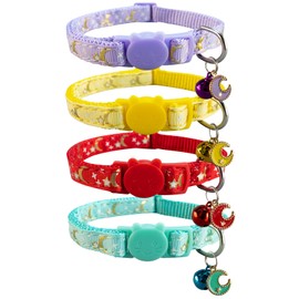 Lorcherish 4 Pack Breakaway Cat Collar, Moons & Stars Kitten Collar, Cute Cat Collar with Bell and Safety Buckles, Adjustable Ideal for Girl Boy Cats