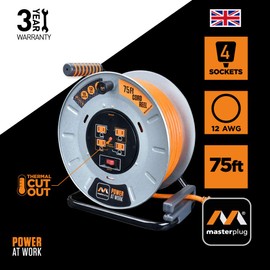 Masterplug Power At Work Metal Steel Drum with Four Powered Outlets, Open Cord Reel with Winding Handle, Overload Circuit Breaker and Power Switch, 75 Feet 12AWG, High Visibility Cord, Orange