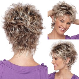 Short Blonde Pixie Cut Wigs with Bangs for White Women,Aisaide Brown Ombre Blonde Wig Synthetic Wavy Curly Hair Wigs Mixed Brown Wigs Layered Natural Fluffy Heat Resistant Fashion Color
