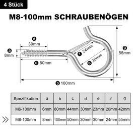 MOGADEE® Pack of 4 Screw Hooks M8, Hooks for Screwing Ceiling Hooks Heavy Duty with Screws, Screw Hooks with Safety for Hammocks, Awnings, Hanging Chairs, Rocking Chairs, Fixed Cable, Hanging Basket