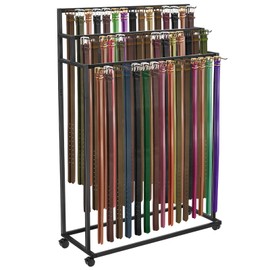 Yaocom Floor Mounted Belt Hanger, Metal Men Closet Display Stand Organizer with Wheels, Ties Scarf Rack Shawls Purse Shelf Storage Holder for Clothing Bedroom Store, 150 x 100 x 40 cm