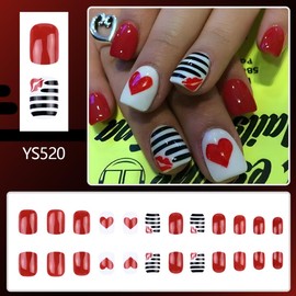 24Pcs Valentine's Day Press on Nails Short Square Fake Nails Acrylics False Nails with Love Heart Black Lines Designs White Red Glue on Nails Heart Artificial Nails for Women DIY Manicure Decorations