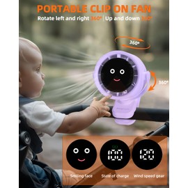 Akejrym Clip on Fan for Bed, Portable Fan for Travel, Small Powerful 5 Speed Quiet 360° Rotate, Air Turbo Tech & Digital display, For Home Office Stroller Camping (Purple)