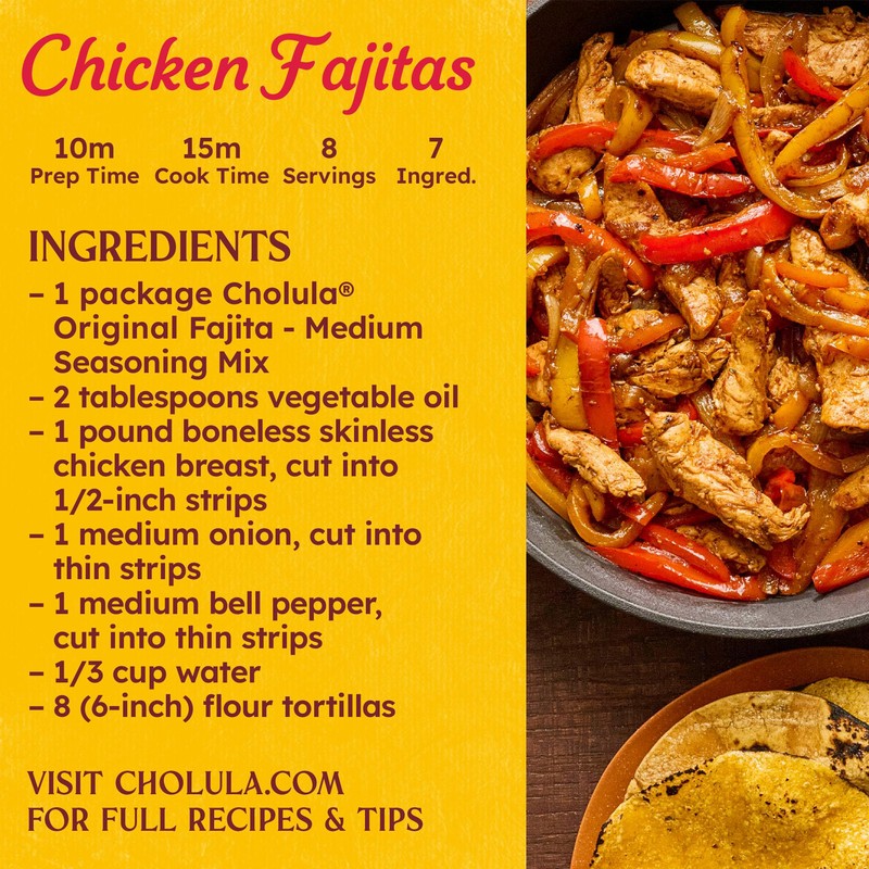 Cholula Seasoning Mix, Original Fajita, Medium Heat, For Chicken, Steak,