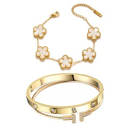 JOOVAYUN Gold Bangle Bracelets for Women Lucky Link Bracelets Floral Bracelets Set (White Gold set)