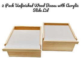 Anktily 2 Pack Unfinished Wood Storage Boxes with Acrylic Sliding Lid, Square Wooden Box for Crafts Storage and Decorative Organizer (15 x 15 x 8 cm)