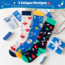 Belloxis Nurse Gifts Nurse Socks Caregiver Gifts 3 Pairs Socks Women 39-42 Cotton Knee Socks Gifts for Nurses, multicolor nurse, 39 - 42