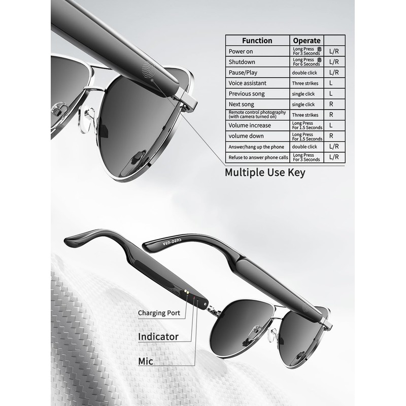 VEN-DENS Smart Bluetooth Music Sunglasses with Built-in Speakers & Mic,
