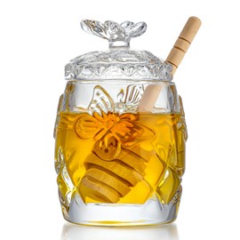 kanpura Clear Crystal Honey Jar with Dipper and Lid, Honey Bee Pot, 4.5oz Glass Honey Pot for Christmas Home Kitchen Decor