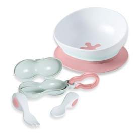 Doddl Baby Spoon and Fork, Cutlery Set for Babies 6+ Months, Learn to Self-Feed. Helps Weaning (Dusky Rose + Bowl)