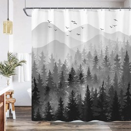 84 Inch Extra Long Black and White Misty Forest Shower Curtain Ombre Dark Gray Mountain Pine Tree Waterproof Fabric Shower Curtains for Bathroom Grey Nature Woodland Decorative Bath Curtain Decor