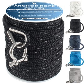VEITHI Anchor Rope 150 ft x 3/8 inch Black, Double Braided Anchor Line with Stainless Steel Thimble & Shackle, Boat Rope with Reflective Strip Ideal for Towing,Mooring,Anchoring,for Boats Up to 27'