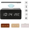 Wooden Digital Alarm Clock with Wireless Charging, 3 Alarms LED
