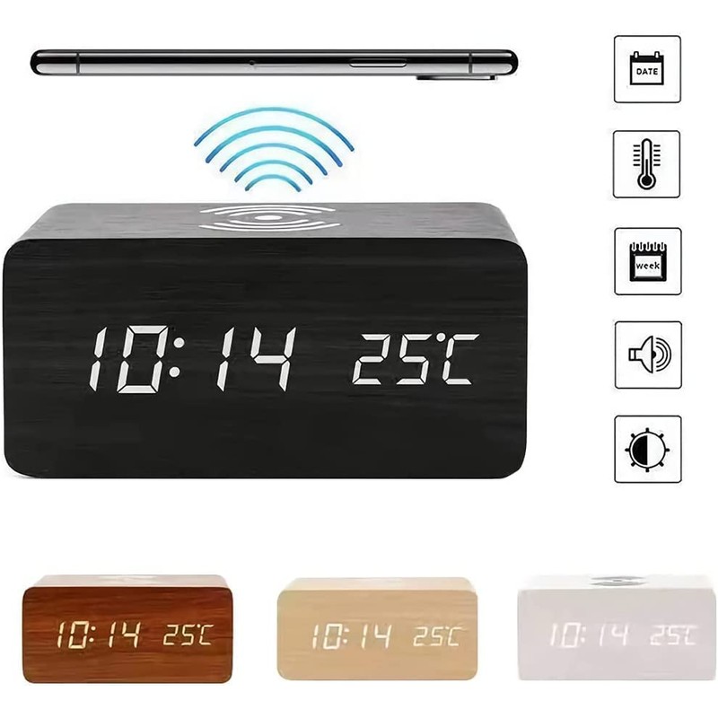 Wooden Digital Alarm Clock with Wireless Charging, 3 Alarms LED