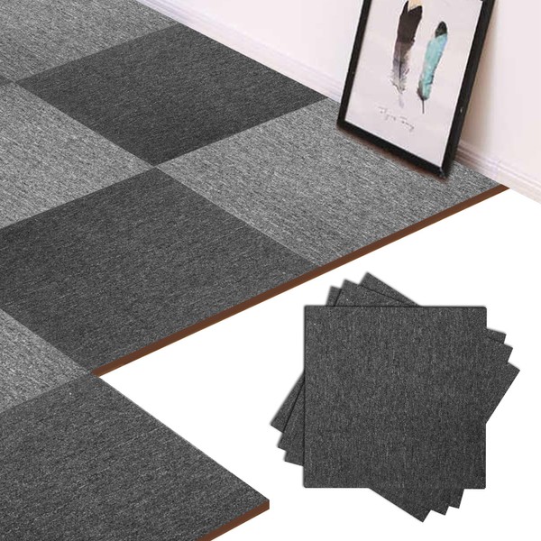 AIWFL Carpet Tiles 20PCS Heavy Duty Carpet Squares 20" x 20" Carpet Flooring with Adhesive Stickers Washable Commercial Carpet Tiles with Non-Slip Bitumen Backing for Home Office Hotel (Dark Grey)