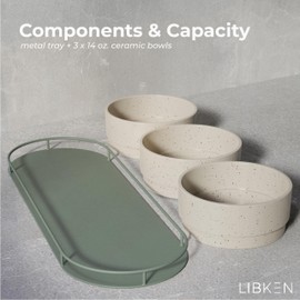 Ceramic Chip and Dip Serving Tray Set – 8-Piece Snack Platter with Round Wooden Base – 7 x 3oz Small Bowls & 1 x 14oz Dip Bowl – Microwave, Oven & Dishwasher Safe – Chip & Dip Set for Snacks & Sauces