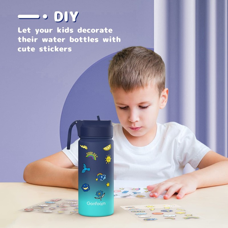 Gonfoam Botella de agua para niños con pajita y calcomanías,