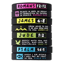 (12-pack) Bible Bracelets, Bulk Pack - Bundle of 12 Religious Christian Wristbands for Church and Family - Unisex Silicone Rubber Scripture Bracelets for Christian Men Women Teens