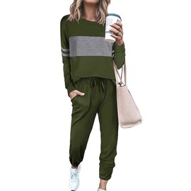 PRETTYGARDEN Women's Color Block 2 Piece Tracksuit Crewneck Long Sleeve Tops Long Sweatpants Outfits Lounge Sets, Army Green, Medium