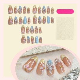 30Pcs Summer Press on Nails Short Almond 3D Ocean Starfish Pearl Flower Design,YIHONGYAN Fake Nails Press ons Nails French Tip Acrylic Nail Kit Glue Nails Full Cover False Nails Stick on Nails Women
