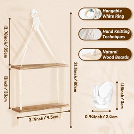 WATUNID Macrame Wall Hanging Boho Decoration with Rope, 2 Animal Handmade Corner Wooden Floating Shelf with 2 Hooks, Chic Wall Storage Shelf for Living Room, Bathroom, Bedroom, Plants Stand Display