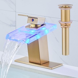 AVSIILE LED Bathroom Sink Faucet, Brushed Gold Waterfall Single Hole Handle Vanity Faucets for Sinks 1 Hole with Metal Pop Up Drain and 2 Water Supply Lines, Open Glass Spout