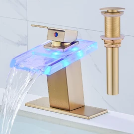AVSIILE LED Bathroom Sink Faucet, Brushed Gold Waterfall Single Hole Handle Vanity Faucets for Sinks 1 Hole with Metal Pop Up Drain and 2 Water Supply Lines, Open Glass Spout