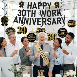 11pcs 30 Year Work Anniversary Decorations Black Gold Happy 30th Work Anniversary Banner Hanging Swirls Employee Appreciation Decorations Supplies 30 Year Workiversary Gifts for Employee Worker