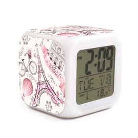 Rkouquhuaqi Romantic Travel in Paris Alarm Clock 7 LED Color Changing Wake Up Bedroom with Data and Temperature Display