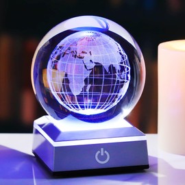 Ornalrist 3.15'' 3D Earth Crystal Ball with Silver LED Colorful Light Base, Science Universe Astronomy Gifts for Astronomy Lovers, Kids, Engraved Earth Model Decor Figurine Collection for Home Decor