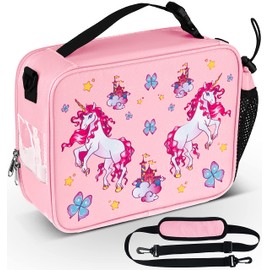 HeavenlyUnicorns Insulated Pink Unicorn Kids Lunch Bag for Girls Child with Bottle Holder, Carry Handle & Shoulder Strap, Kids Lunch Box Snack Box Thermal Cooler Bag for School Picnic Outdoor or Work