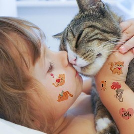 Qpout Cat Temporary Tattoos for Kids,10 Sheets Cute Cat Birthday Party Waterproof Fake Tattoos,Boys Girls Cat Themed Party Decoration Favors Supplies Bags Fillers Gifts