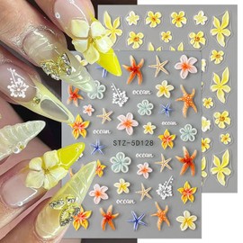 2 Sheets 5D Embossed Summer Nail Stickers for Nail Art Self-Adhesive Flower Nail Art Stickers Starfish Lily Nail Decals Ocean Beach Summer Nail Design Sticker for Women DIY Nails Decoration