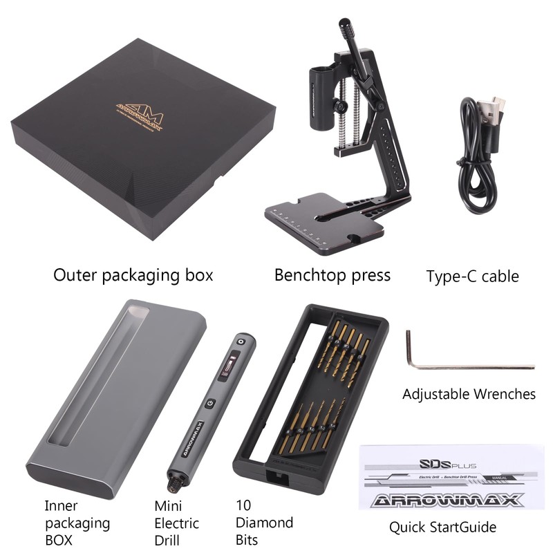 AM ARROWMAX 5-Speed Mini Electric Drill Pen with Benchtop Press,