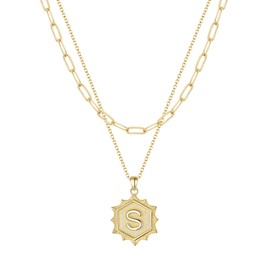 Ever Faith Layered Initial S Pendant Choker Necklaces, Simple Cute Hexagon 14K Gold Plated Letter Paperclip Chain Necklace for Women Jewelry Gifts