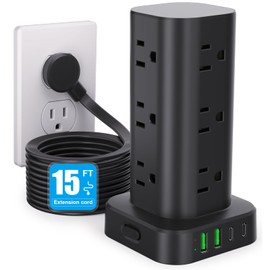 Power Strip Tower with Multiple Outlets, Flat Plug Surge Protector Tower Extension Cord with 12 AC Outlets 4 USB Ports (2 USB C), 15FT Cord Power Tower Surge Protector for Home Office Dorm Room, Black