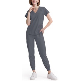 Eadflie Scrubs for Women Set - 8-Pocket V-Neck Scrub Uniform | Stretch Jogger Pants (Grey/S) | Medical Workwear for Nurses, Dentists, Pet Care