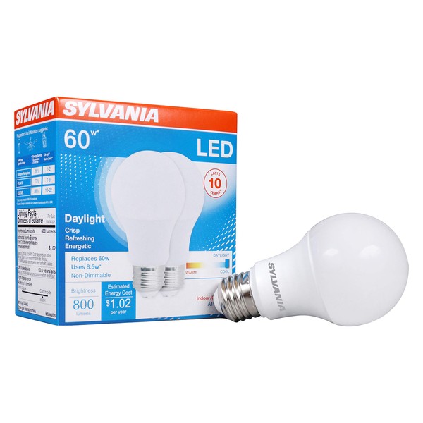 SYLVANIA LED Light Bulb, 60W Equivalent A19, Efficient 8.5W, Medium Base, Frosted Finish, 800 Lumens, Daylight - 2 Pack (79282)