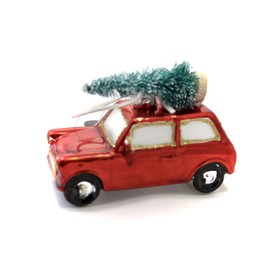Festive Red Retro Mini with Christmas Tree on Roof Bauble