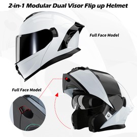 Motorcycle Helmet,Motorcycle Dual Visor Flip up Modular Full Face Helmet JR-815,DOT Approved Motorbike Helmet with 2 Visors for Adults Men Women(M,Glass White-B)