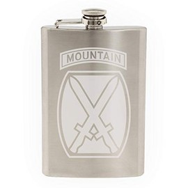 US Army - 10th Mountain Division Shoulder Sleeve Patch Etched Stainless Steel 8 oz Flask