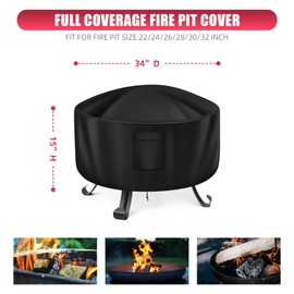 WLEAFJ Fire Pit Cover - Round, 22-34 Inch, Heavy Duty Oxford Fabric, Waterproof