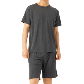 Benke Pajamas, Men's, Short Sleeve, Loungewear, Top and Bottom Set, Thin, Summer Clothes, Loungewear, Solid Color, Rayon Material, Sweat Absorbent, Quick Drying,, gray (dark gray)