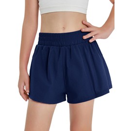 Haloumoning - Pantalones cortos deportivos para niñas, cintura alta, elásticos, 2 en 1, con bolsillos laterales, de 5 a 14 años, Azul marino, 9-10 Años