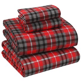 RUVANTI Flannel Sheets Queen Size - 100% Cotton Double Brushed Bed Sheets, Deep Pockets 16 Inches Queen Sheet Set, All Seasons Breathable & Extra Soft - Warm & Cozy, 4 Piece, Red Plaid