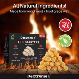 Dextreme Fire Starter (120 PCS) Natural Fire Starters for Campfire, Charcoal Starter, Fireplace, Wood Stove, BBQ, Chimney, Fire Pit, and Grill | All Weather, Odorless, Non-Toxic, w/10 Min Burning Time