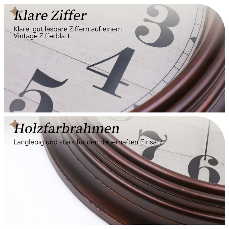 VIKMARI 30 cm Vintage Wall Clock, Large Retro Brown Wall