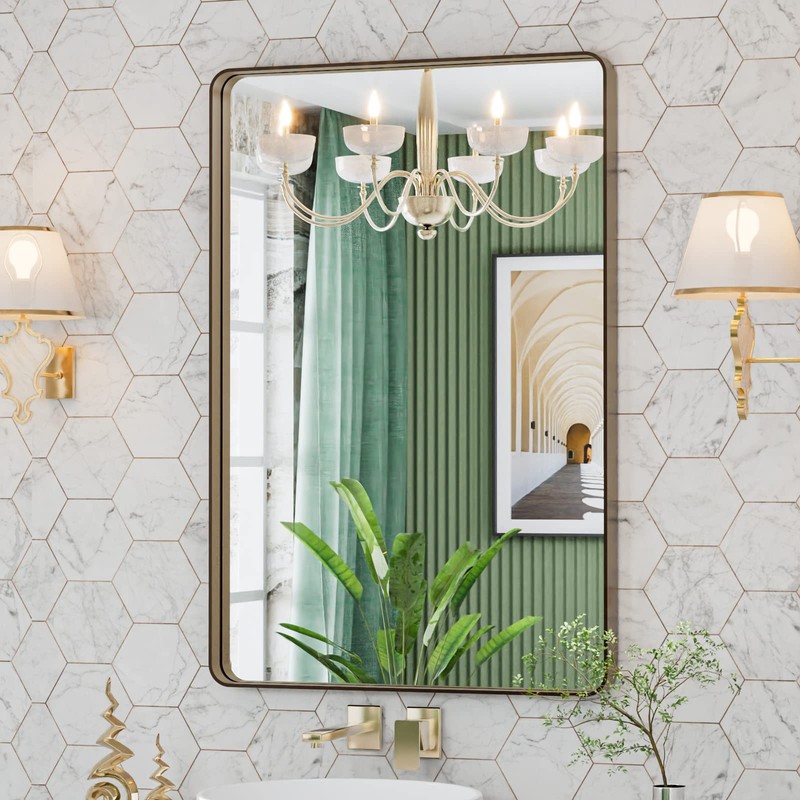 LOAAO 24”X36” Bronze Bathroom Mirrors for Vanity, Rounded Rectangle Brushed