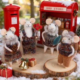 Watereem Set of 4 Christmas Felt Mouse Ornaments, 5" Mini Mice with Brown Sweater for Christmas Tree Hanging, Wool Xmas Tabletop Decor, Animal Crafts for Holiday Easter Gifts Birthday Party Supply