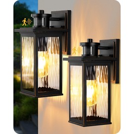 EDISHINE Motion Sensor Outdoor Lights Wall Mount, Set of 2 Dusk to Dawn Exterior Light Fixture with Water Ripple Glass, Waterproof Outside Wall Lantern Sconce for Porch Front Door Garage Patio, 2 Pack